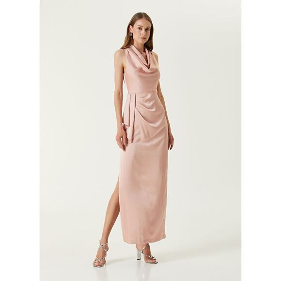 Aidan Mattox Satin Cowl Neck Sleeveless Side Ruffle Gown Maxi Dress Size 8 NWOT